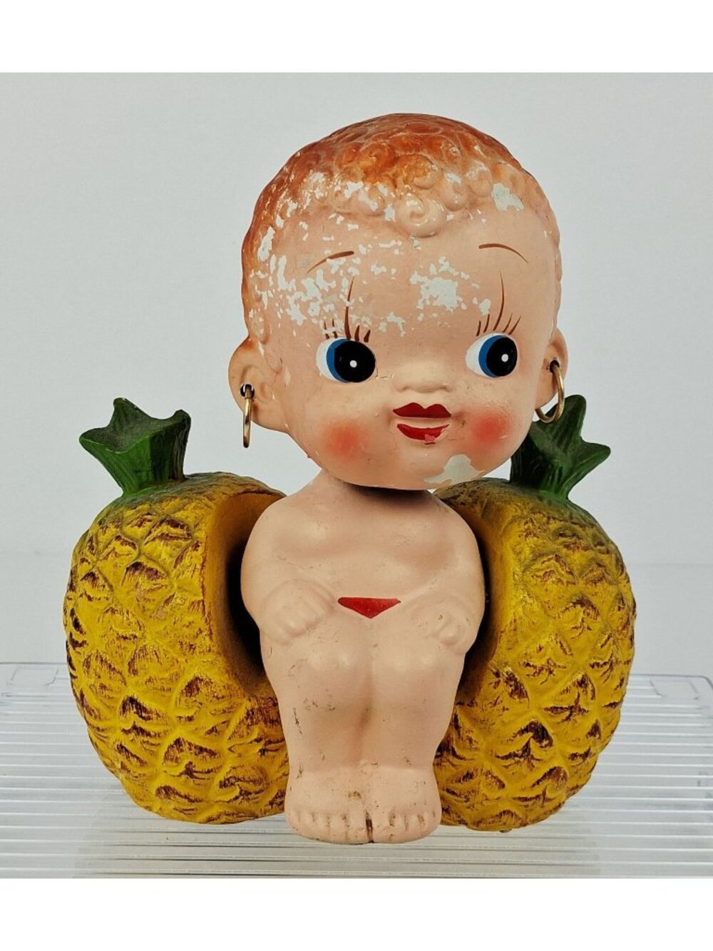 Vintage 1950's Kewpie Bobblehead / Nodder Coin Bank Pineapple Accent